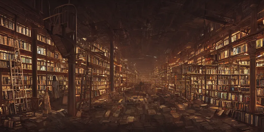 Image similar to cinematic shot of a vast interior of an old bookstore full of books with ladders and stairways, dystopian future, neon lights, sci - fi, night lights, haze, concept art, intricate, in the style of katsuhiro otomo, akira, unreal engine