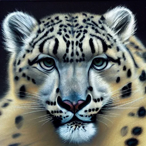 Image similar to oil painting of a snow leopard on canvas, by James gurney, realism, warm lighting, award winning, high detail, professional, volumetric lighting