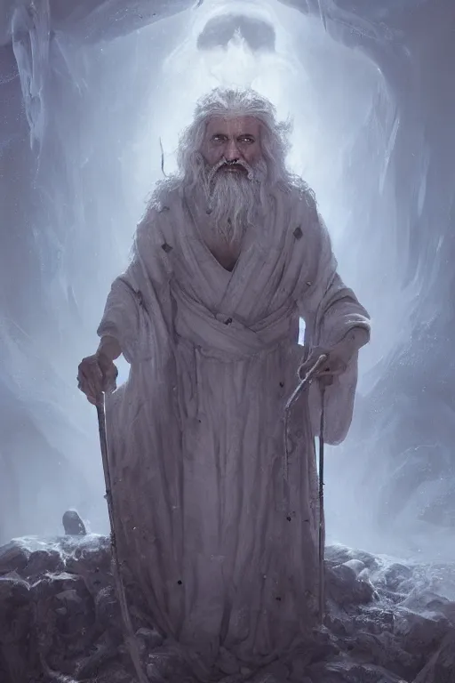 Prompt: a necromancer with a staff casts a spell that reveals the secret of life the universe and everything, dirty linen robes, staff of bones, grizzled bearded withered man by jessica rossier and hr giger