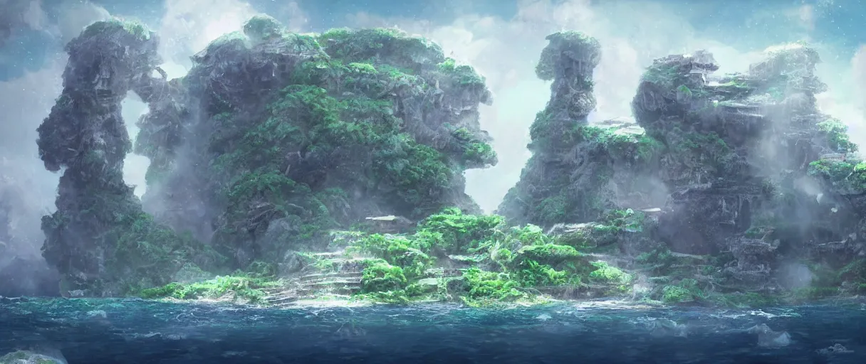 Prompt: a small crumbling island in space with waterfalls, studio ghibli, digital art, detailed, depth of field