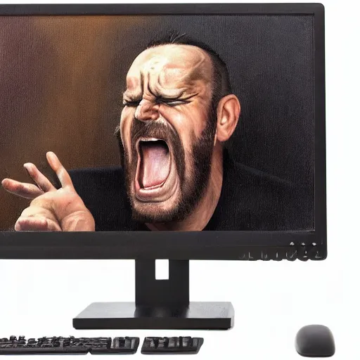 Image similar to an angry man yells at his computer monitor, oil on canvas, highly detailed