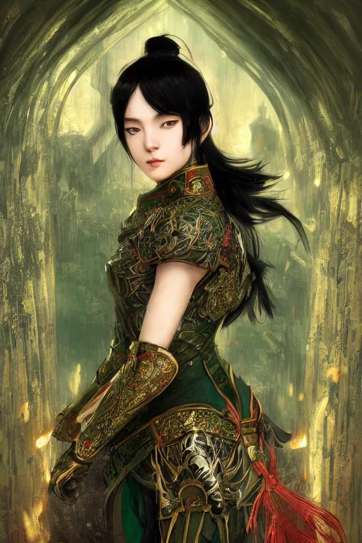 Image similar to portrait black hair young knights of Dynasty Warriors girl, metallic green armor, in ruin fire chinese palace sunrise, ssci-fi and fantasy, intricate and very beautiful and elegant, digital painting, artstation, concept art, smooth and sharp focus, illustration, art by tian zi and WLOP and alphonse mucha