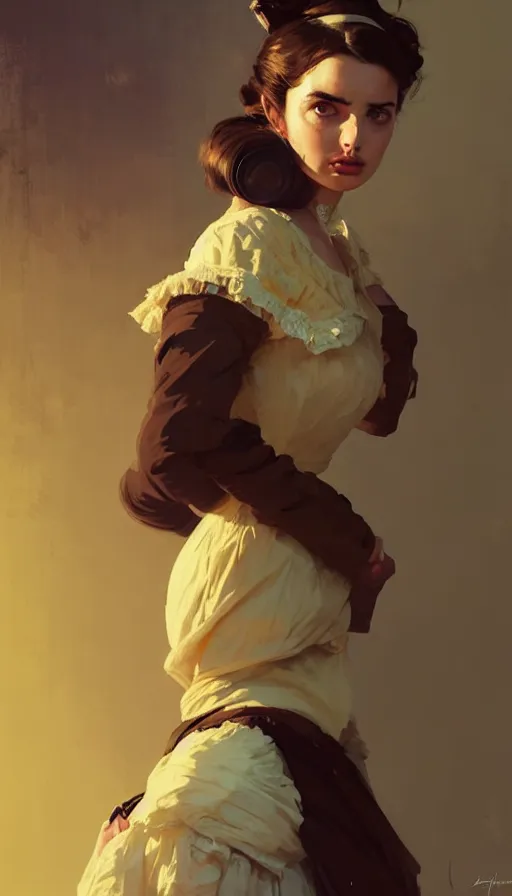 Image similar to hyper - realistic portrait of a ana de armas as a victorian lady by atey ghailan, by greg rutkowski, by greg tocchini, by james gilleard, by joe fenton, by kaethe butcher, dynamic lighting, gradient light yellow, brown, blonde cream and white color scheme, grunge aesthetic