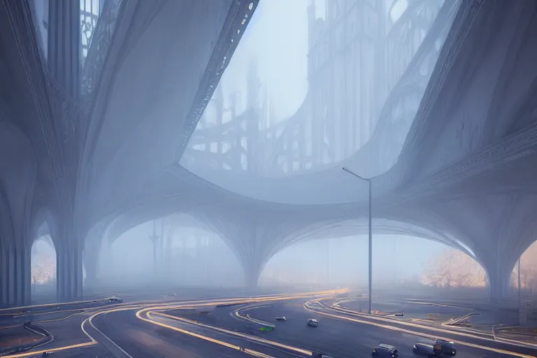 Prompt: A highway interchange inside a gigantic foggy royal cathedral, octane render, digital art, artstationhq, by Charles Sheeler and Jordan Grimmer and Victor Mosquera