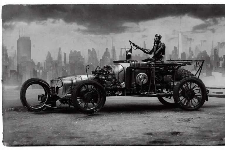 Prompt: cyberpunk 1 9 0 3 stanley steamer racecar by paul lehr, metropolis, view over city, vintage film photo, damaged photo, scratched photo, scanned in, old photobook, silent movie, black and white photo