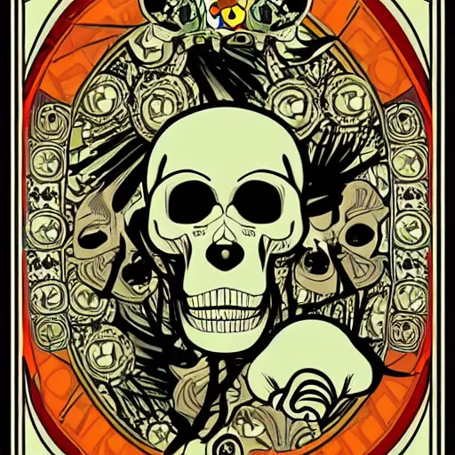 Image similar to ape monkey portrait skull bones in the style of Alphonse Mucha pop art