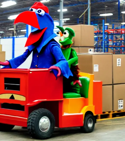 Prompt: count von count puppet, driving a forklift