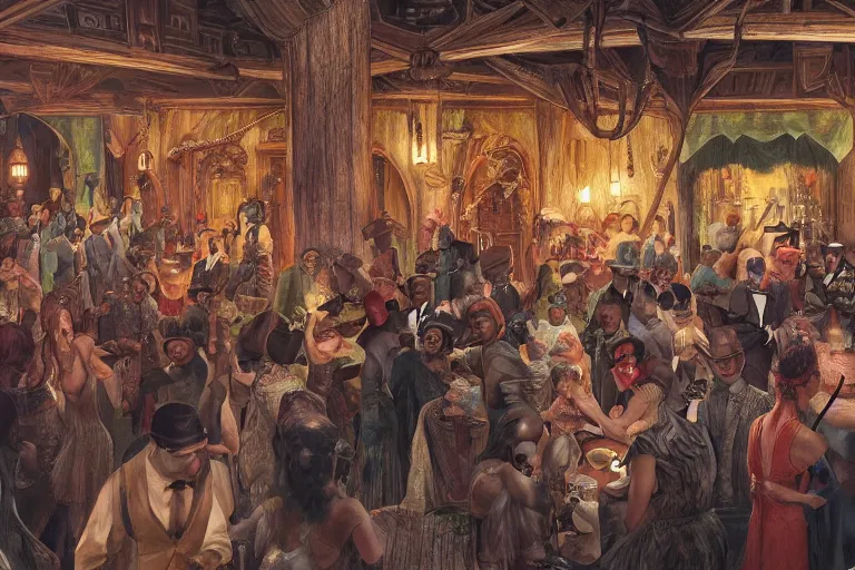 Image similar to beautiful detailed Harlem Renaissance painting of a 20s fantasy goblin party in ekanite bar that looks like it's from lord of the rings and bazaar by greg rutkowski, marc simonetti,Chris Achilleos,Charles Samuel Addams ,featured on artstation, ultrawide angle,f16