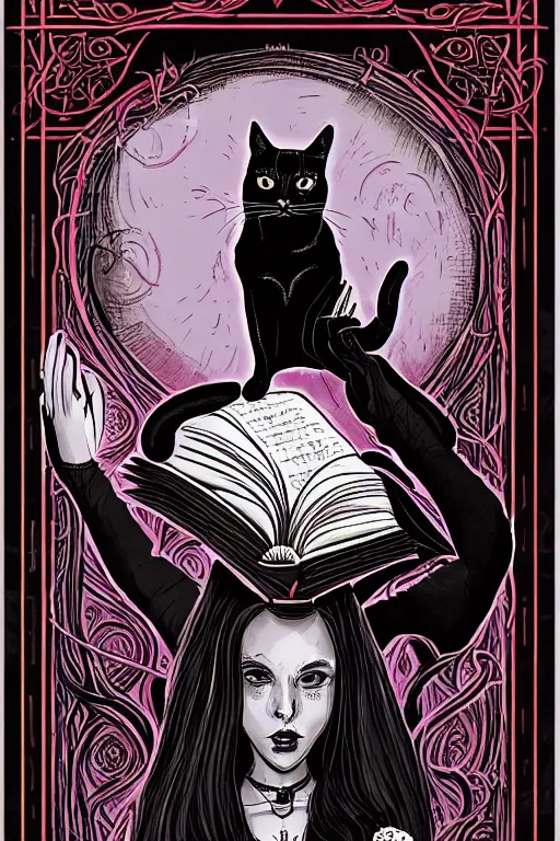 Prompt: silvio berlusconi illustration of romantic girl, her cat and her book of necronomicon, symmetrical, cinematic, sharp focus, 4 k, ultra hd, sense of awe, sinister demonic atmosphere, dreadful, forbidden knowledge, old gods, cthulhu, yog - sothoth! yah, yah, yah! cultist journal cover