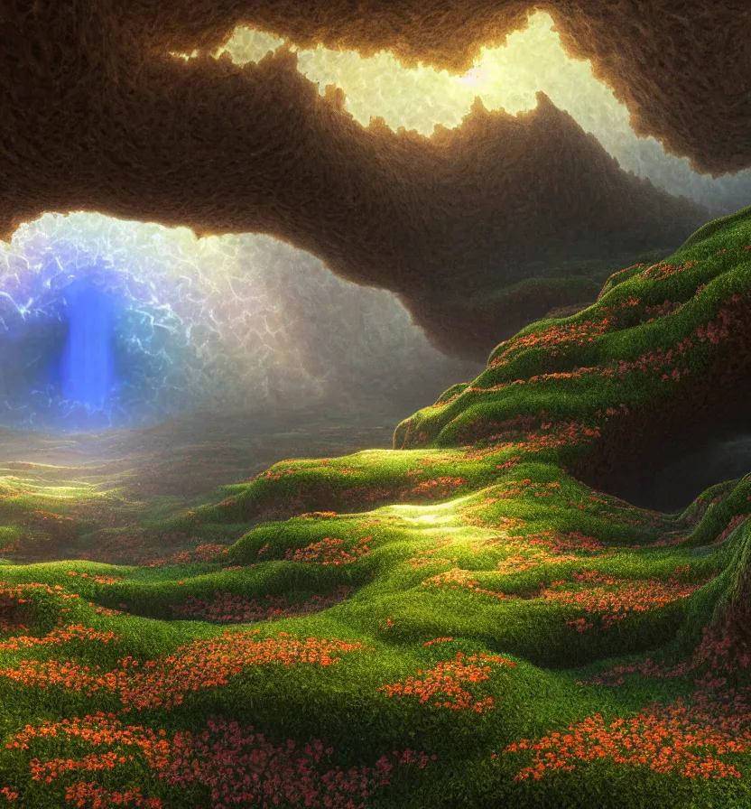 Prompt: detailed fractal tectonic landscape, in a vast wildflower garden landscape that meets the ocean, by glenn small, by albert bierstadt, photorealism, hyper realism, octane render, unreal engine, volumetric light, depth of field, volumetric clouds, god rays, lens flares, detailed, intricate, twin motion, megascan, high resolution, realistic render