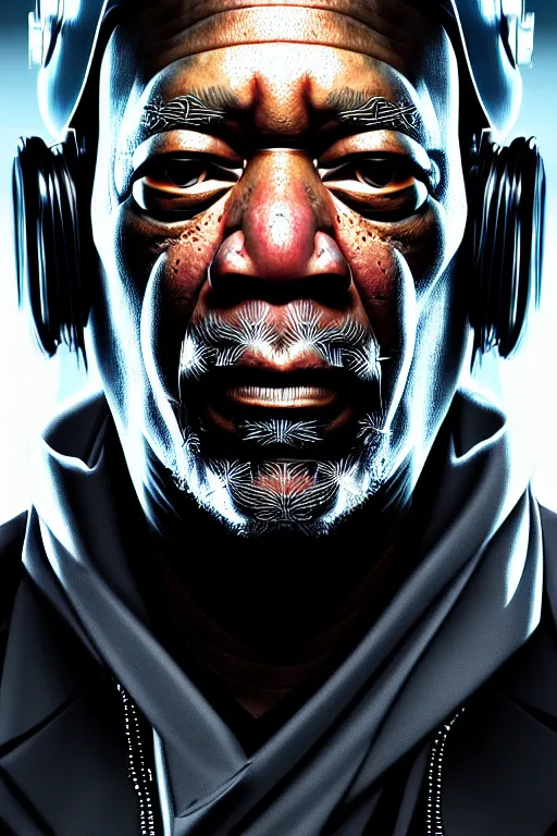 Image similar to a very detailed portrait a cyberpunk Morgan Freeman, biotech, machine, photorealistic, highly detailed with a cyberpunk style, unreal engine, defined cheekbones, dramatic cinematic lighting