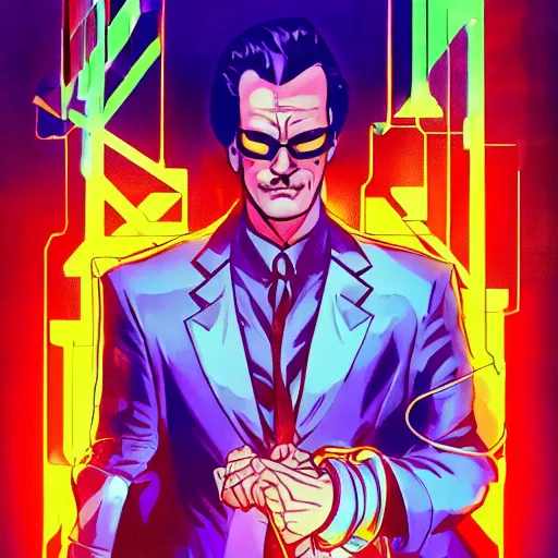 Image similar to a cyberpunk mafia boss with slicked back hair, in a cyberpunk setting, comic book art, cyberpunk, art by stan lee, neon lines, 8 0 s vibe colorful, bright high tech lights, movie still, epic, dramatic, marvel comics, dc comics