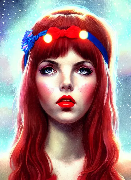 Image similar to portrait of lexi belle with bangs, 1 9 6 0 s, long hair, red hairband, bangs, intricate, elegant, glowing lights, highly detailed, digital painting, artstation, concept art, smooth, sharp focus, illustration, art by wlop, mars ravelo and greg rutkowski