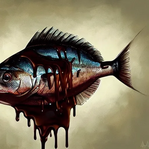Prompt: a fish covered in chocolate syrup. soft, atmospheric, warm lighting. highly detailed digital painting by mandy jurgens.