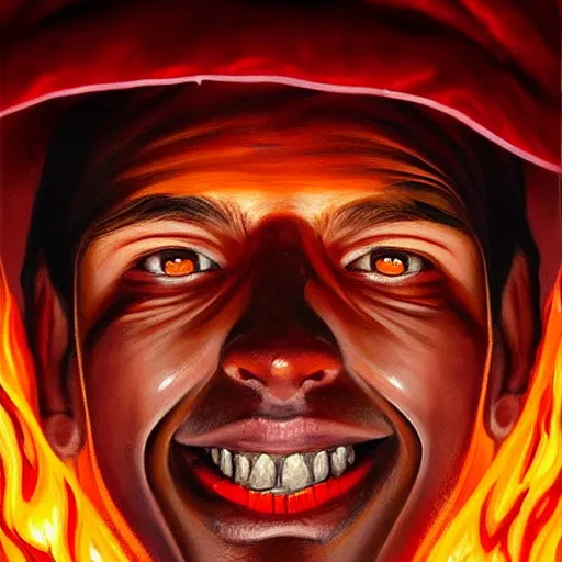 Image similar to a hyper realistic painting of a young fire - man, all face covered with a fire, fire all around him, coherent symmetrical eyes, cunning smile, by jeffrey smith, by andrea kowch, by steve henderson, masterpiece, trending on artstation,