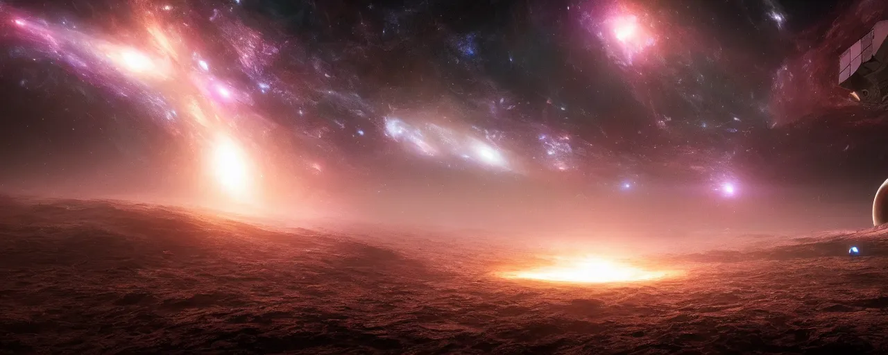 Image similar to movie still, thin galactic horizon, a dark epic galaxy, space scene, dark scifi, unreal engine, octane render, detailed and intricate, global illumination, volumetric lighting, hubble telescope images, james webb telescope images, houdini fluid simulation, detailed and intricate environment