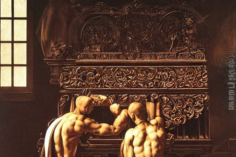 Image similar to pipe organ intricately carved from dark smoke, high detail baroque oil painting, alan lee, caravaggio, michelangelo