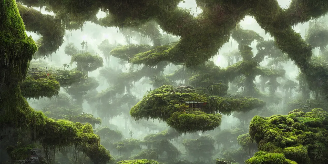 Prompt: a beautiful hyper realistic detailed matte painting of floating buildings and megastructure overgrown moss, made of tree and fantasy valley, by alejandro burdisio and laurie greasley, alejandro burdisio art, tyler edlin fantasy art, 4 k ultra realistic, cgsociety, dynamic volumetric cinematic lighting, trending on artstation