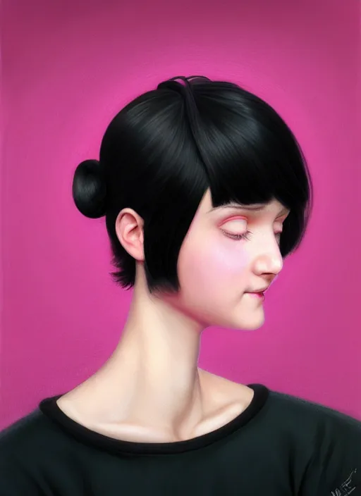 Image similar to portrait of teenage girl, narrow face, black hair, bangs, half updo hairstyle, pointy nose, skinny, smile, unattractive, defined jawline, big chin, pink hair bow, earrings, intricate, elegant, glowing lights, highly detailed, digital painting, artstation, sharp focus, illustration, art by wlop, mars ravelo and greg rutkowski