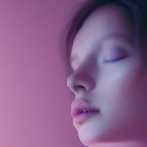 Image similar to aesthetic photo of a woman looking up with a sad expression, dslr, award winning, 8 k, octane beautifully detailed render, cold mood, purplish pastel filter, cinematic lighting, detailed photo, masterpiece, volumetric lighting, ultra realistic, highly detailed, high quality, lossless, photorealistic, sharp focus, hd