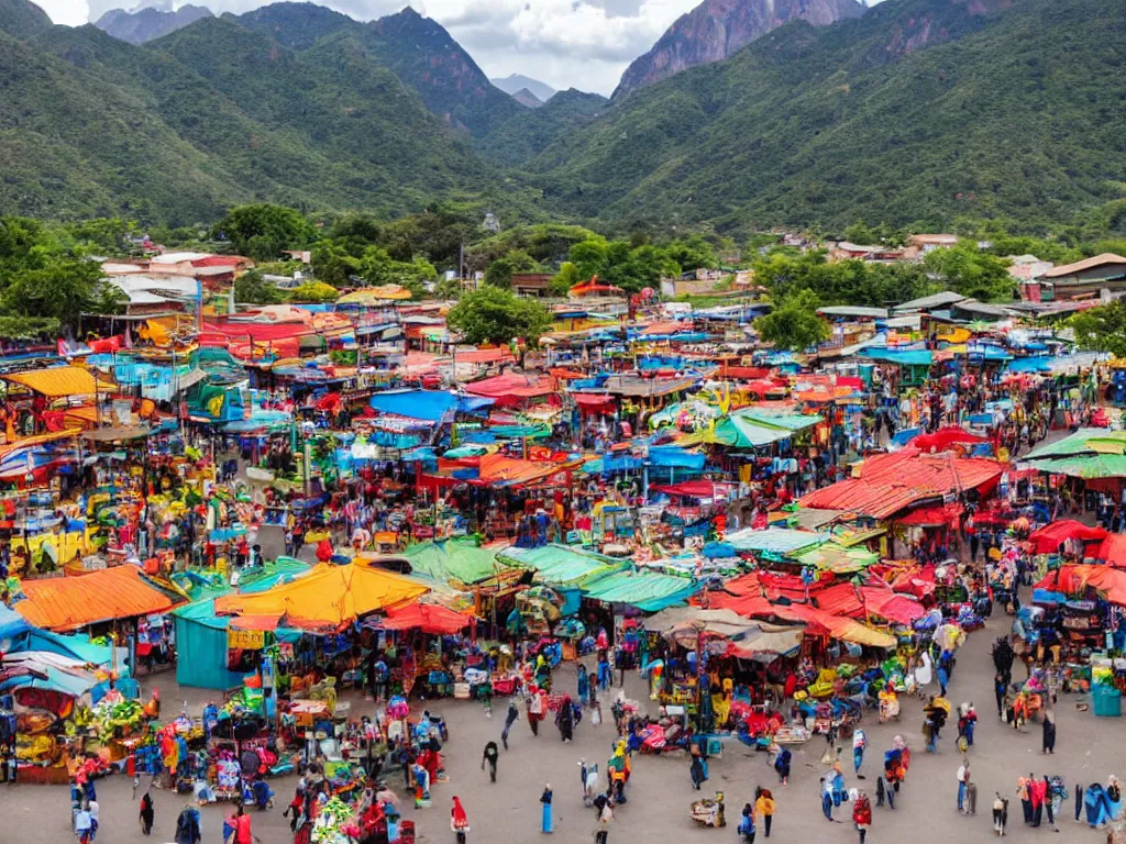 Image similar to south american city market in a valley with mountains