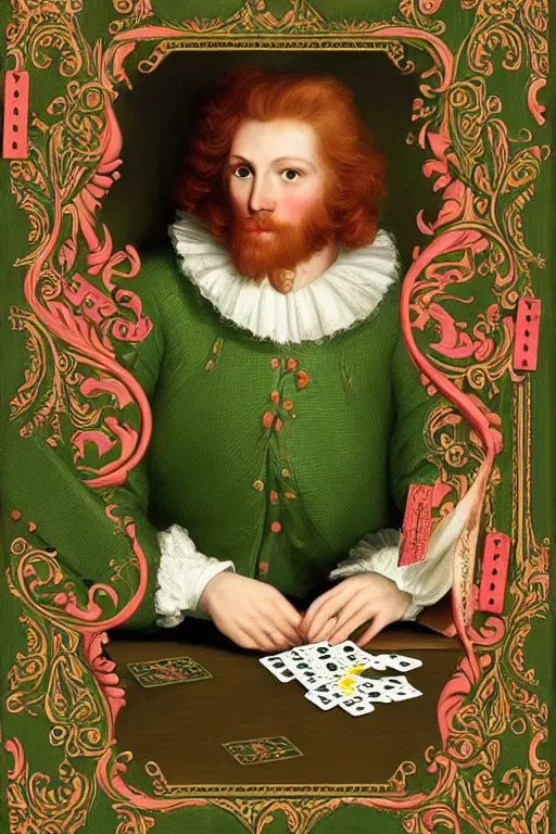 Image similar to intricate beautiful wide - shot, the handsome man, blonde reddish hair, in green and pink clothes of 1 7 th century, holds playing cards, in card's player by sezanne, matte painting, renaissance painting, by paul sezanne by leyendecker, by artgerm, rutkowskyi