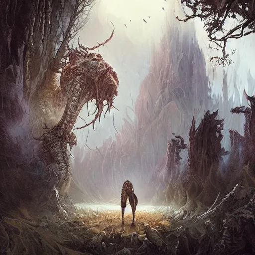 Prompt: A beautiful and cruel new land with Twisted monsters. deep colours. Photorealistic digital arts. Cinematic. Smooth. Greg Rutkowski, John Martin, Peter Kemp, Daarken, Dan Mumford.