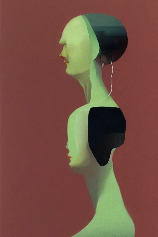 Image similar to woman wearing Oculus and digital glitch head Edward Hopper and James Gilleard, Zdzislaw Beksisnski, higly detailed