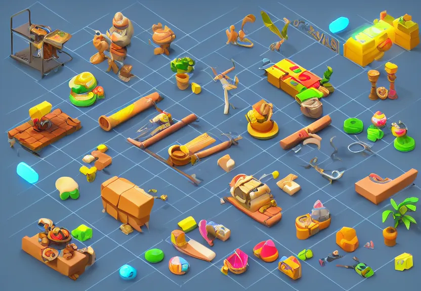 Image similar to isometric chubby 3 d game props, with detailed, clean, cartoon, octane render, unreal engine, artgerm, artstation