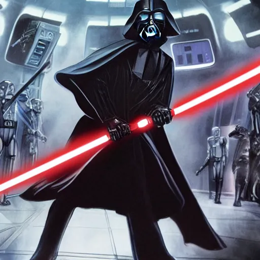 Image similar to Saul Goodman battling Darth Vader with lightsabers on the death star, 4K, detailed