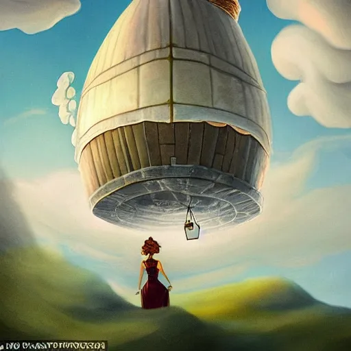 Image similar to a woman locks up her magical shop in the clouds, as an airship awaits in the distance to carry her home for the weekend