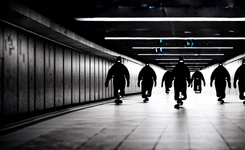 Image similar to Black quadcopters swarm the wide hallways in a futuristic prison underground with brutalist architecture, staff can be seen carrying black duffel bags, sigma 85mm f/1.4, 4k, depth of field, high resolution, 4k, 8k, hd, full color