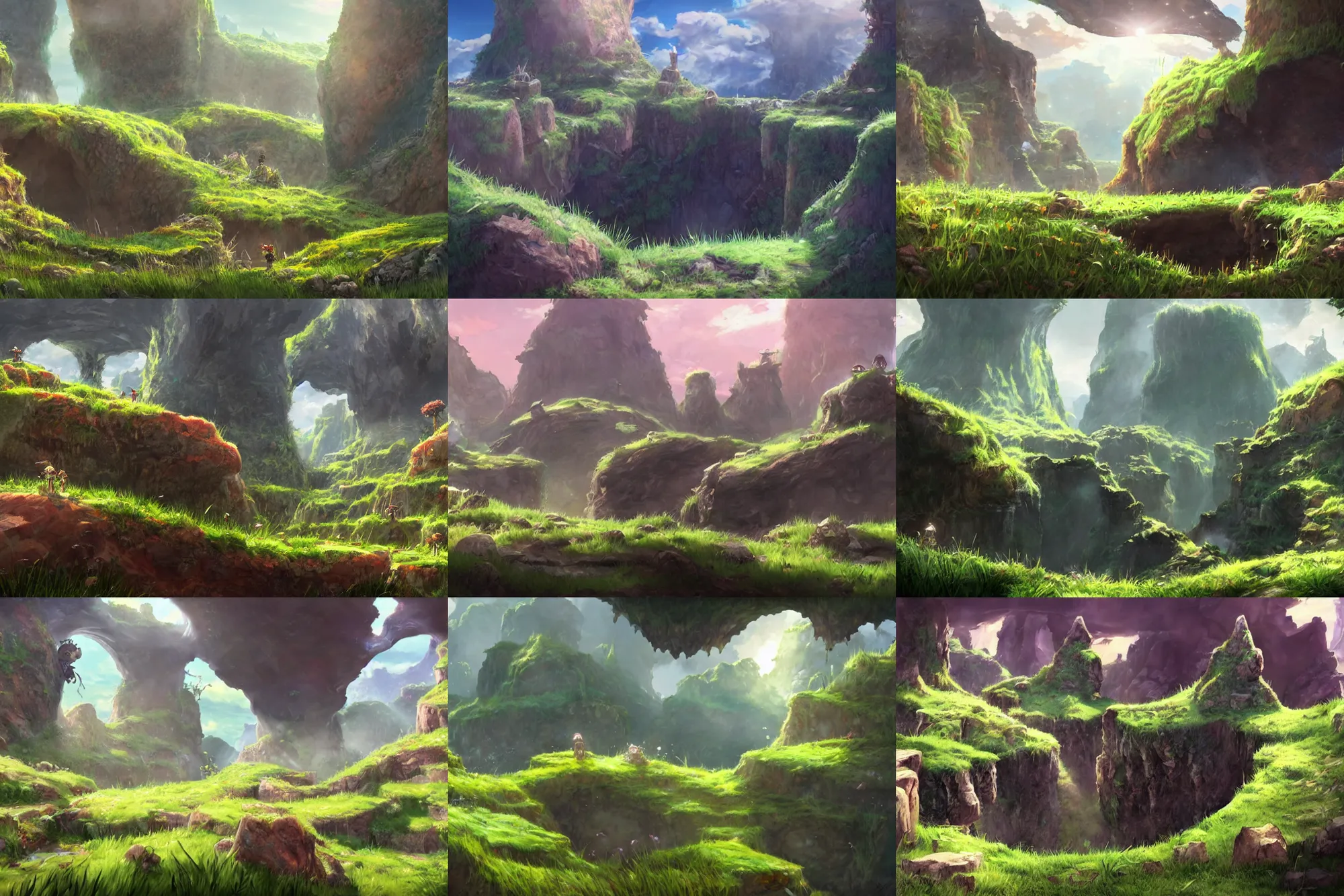 Prompt: landscape, a giant hole in the ground, abyss from made in abyss, photorealistic cinematic concept art, overgrown stones and grass fields bright day
