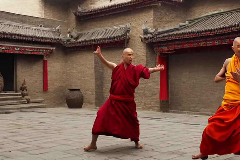 Image similar to VFX movie of a Tibetan monk dancing with fire in a Chinese courtyard by Emmanuel Lubezki