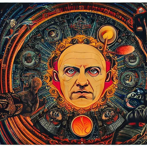 Image similar to a highly detailed occult painting of Aleister Crowley pointing up, cenobyte, hexglow, contracept, wildcards, denizens, matte painting, glowing eyes, felipe pantone, pascal blanche, pascal blanche, mohrbacher, blanche, and across the face portrait, big daddy ross painting, wide shot, an expansive view of the sun, intricate details, epic, dramatic, cinematic lighting, hyperrealistic, skeletal, elaborate, furniture, dreamy, machine, robot, cardboard, dark, inception, cinematic lighting, surrealism style, muted colors, soft tones, pastel colors, ornate in the dnd art style on album cover, unreal