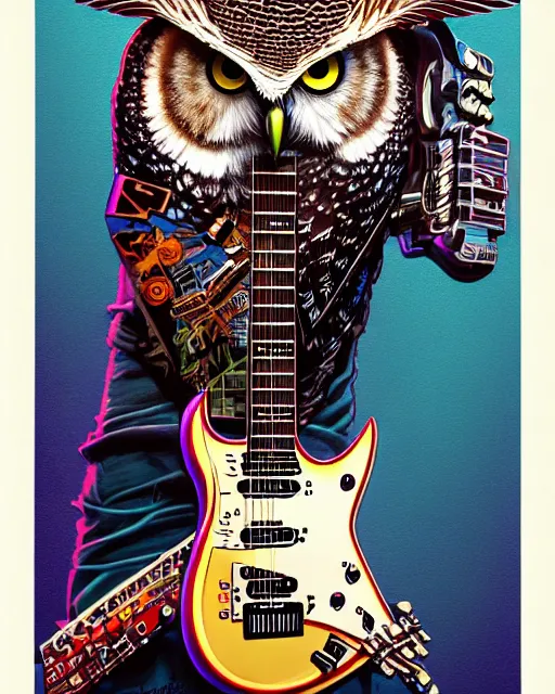 Prompt: a portrait of an anthropomorphic cyberpunk owl shredding an electric guitar by sandra chevrier, by jon foster, detailed render, tape deck, epic composition, cybernetics, 4 k realistic, cryengine, realistic shaded lighting, sharp focus, masterpiece, by enki bilal