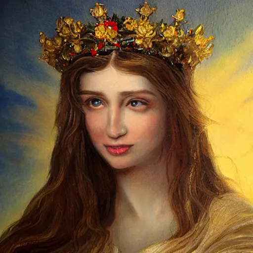 Prompt: maiden crowned with a garland of bright radiance