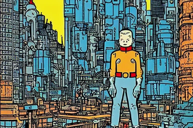 Prompt: sci-fi, futuristic city, cyberpunk, TinTin style! art by Hergé!!