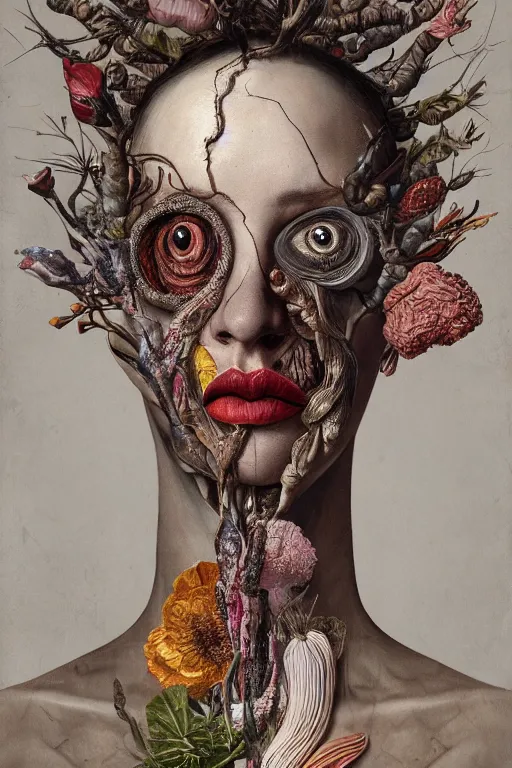 Prompt: Detailed maximalist portrait with large lips and eyes, scared expression, botanical anatomy, HD mixed media, 3D collage, highly detailed and intricate, surreal, in the style of Jenny Saville, dark art, baroque, centred in image, rendered in octane 4K