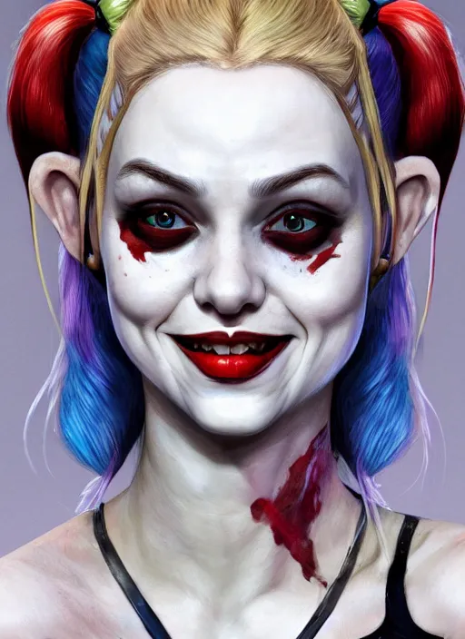 Image similar to portrait of harley quinn, au naturel, hyper detailed, digital art, trending in artstation, cinematic lighting, studio quality, smooth render, unreal engine 5 rendered, octane rendered, art style by klimt and nixeu and ian sprigger and wlop and krenz cushart