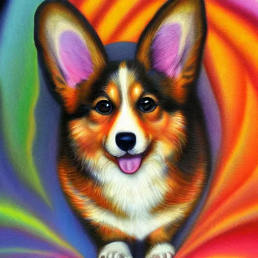 Image similar to a photorealistic painting of a corgi by johfra bosschart, lisa frank, dark fantasy art, high detail, trending on artstation