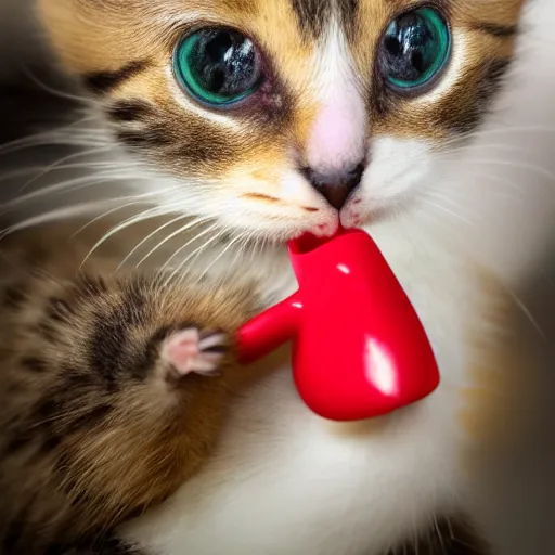 Prompt: a kitten licking a duck, studio photography, close - up