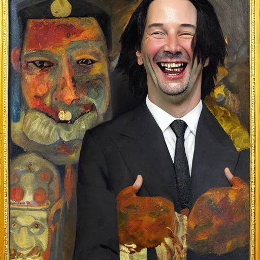 Image similar to a deliriously happy king Keanu Reeves, portrait oil painting by Otto Dix, oil on canvas (1921)