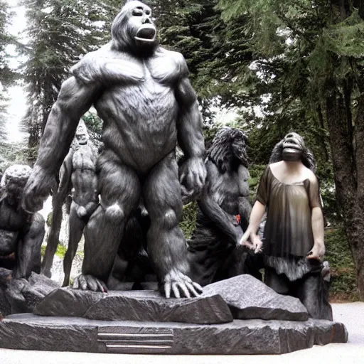 Image similar to group of occultist bowing worshipping a bigfoot statue