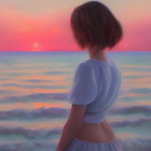 Image similar to an influencer girl portrait, sunset, ocean in distance, oil painting, pale colors, high detail, 8 k, wide angle, trending on artstation,