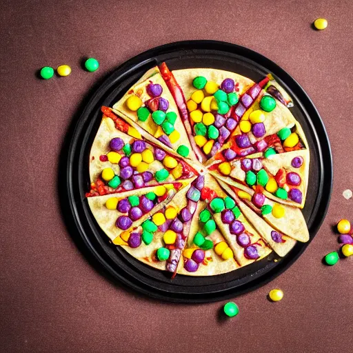 Image similar to first photos of taco bell quesadilla covered in skittles ( eos 5 ds r, iso 1 0 0, f / 8, 1 / 1 2 5, 8 4 mm, postprocessed, 4 k )