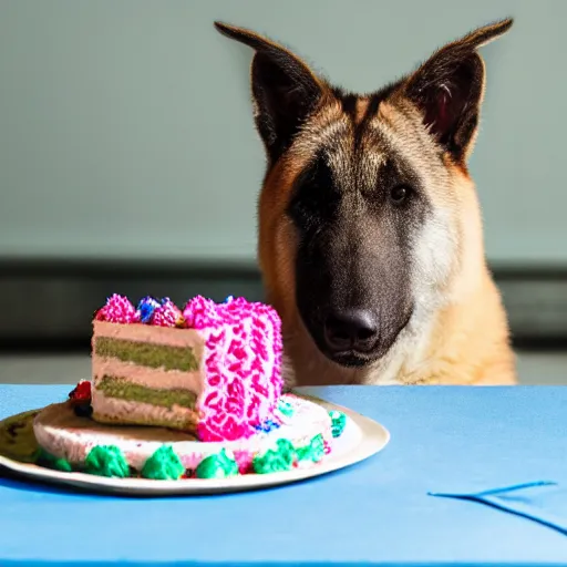 Prompt: a high - quality photo of a kangal with a birthday cake, 4 5 mm, f 3. 5, sharpened, iso 2 0 0, raw, food photography