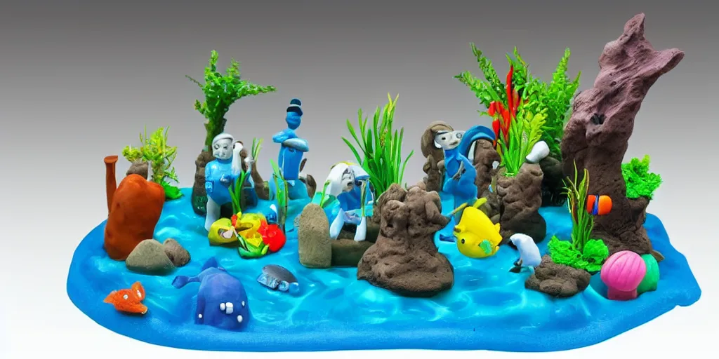 Prompt: plasticine model in water. clay figures. side view of tropical fish tank with sand. fighter fish. astrix obelisk. collecting helmets wallace and gromit. figures clay. aquatic photography.