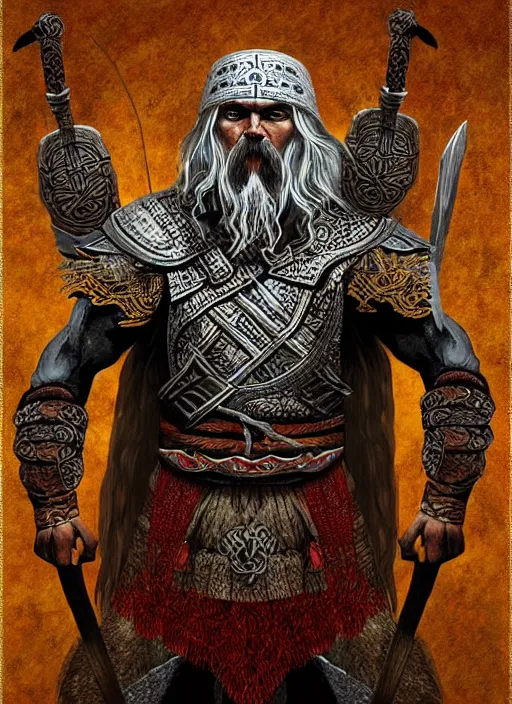 Image similar to ancient slavic warrior thunder god highly detailed concept art, slavic folklore embroidery symbols, maxim sukharev