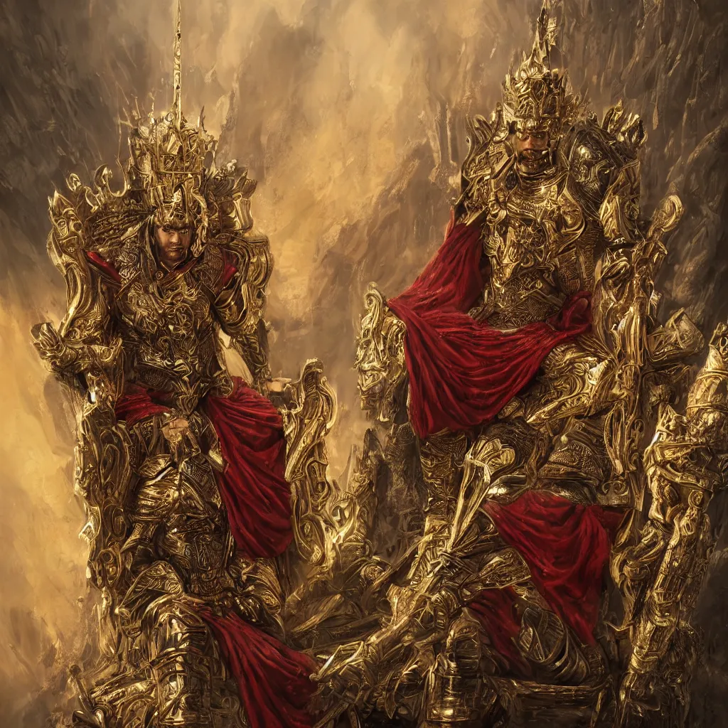 Prompt: Stunning portrait of a warrior king. He wears an intricate golden crown and a red cloak over ornate polished silver armour. He sits on a throne. Epic fantasy art. Extremely detailed, digital painting, trending on artstation, award-winning, concept art, sharp focus, 4k, hyperrealistic, masterpiece, cinematic, illustration, by greg rutkowski, aleksi briclot and bouguereau